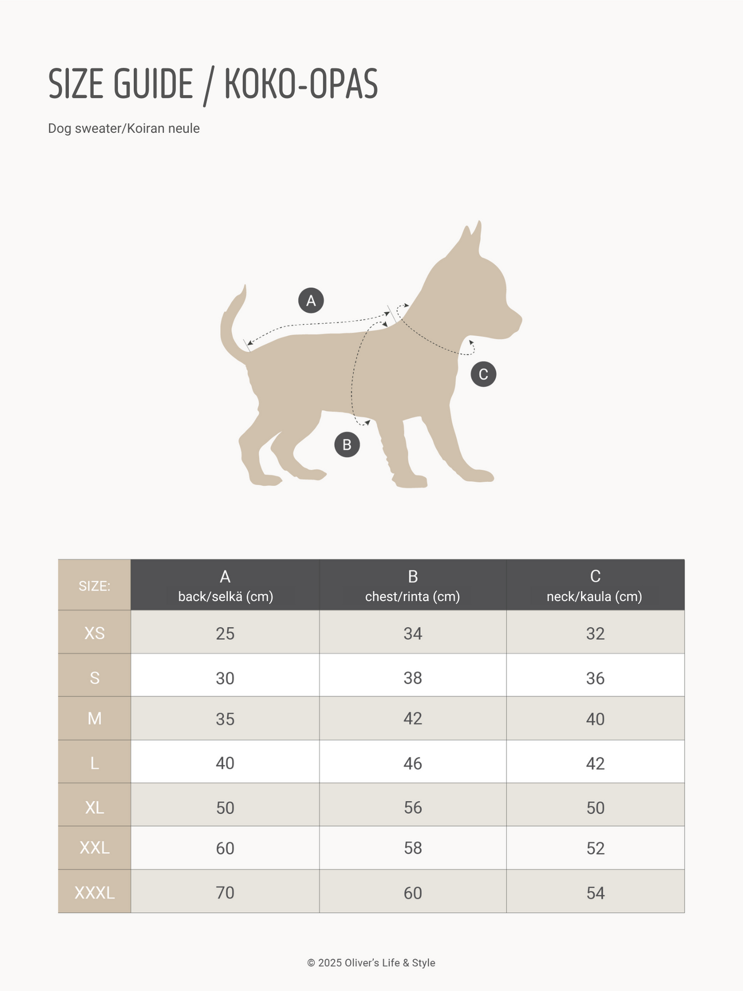 Size guide wool dog sweaters - POODL.